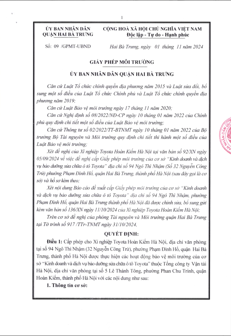THÔNG  BÁO CÔNG KHAI GIẤY PHÉP MÔI TRƯỜNG